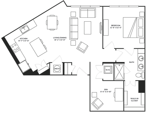 Floor plan for 1 bed, 1 bath, 1039 sqft